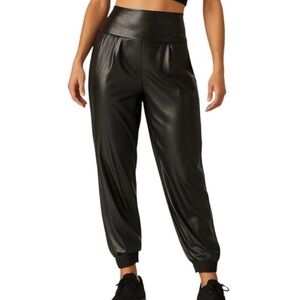 NICOLE MILLER Black Metallic Faux Leather Jogger Leggings Harem Pants Small